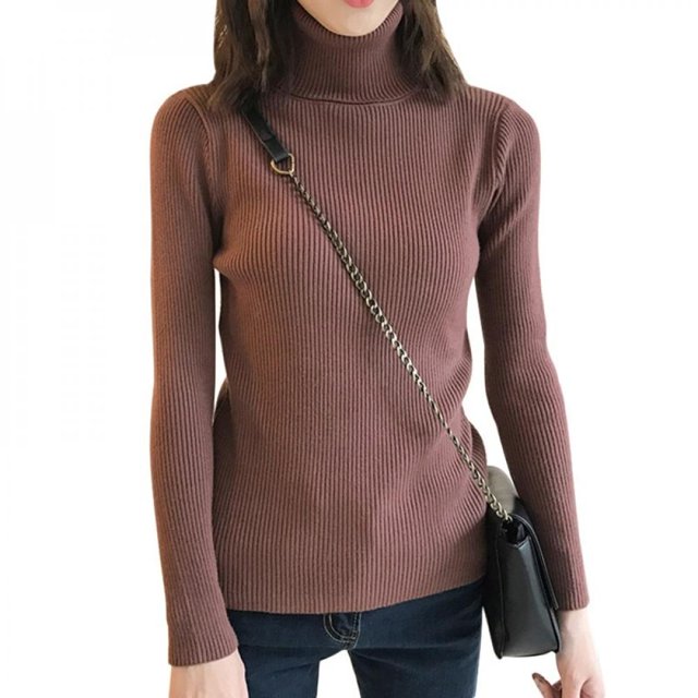 Linamei Womens Autumn Sweaters Slim Long Sleeve High Neck Knit Pullover Slim Sweater Tops