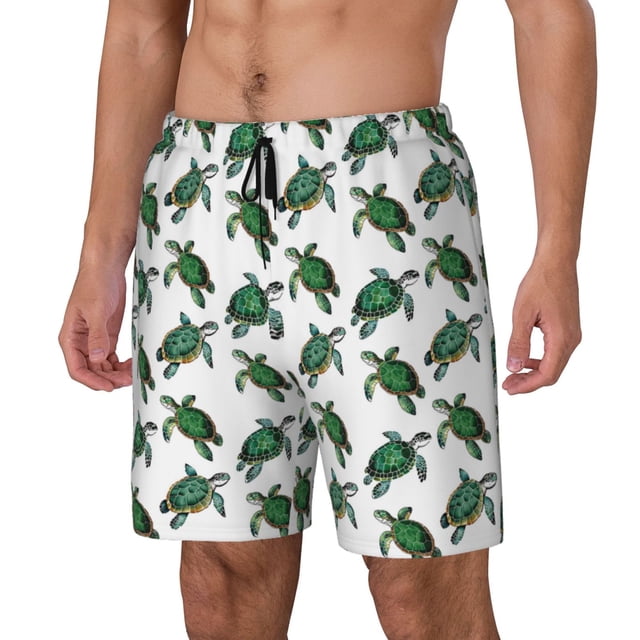 Kdxio Watercolor Turtle Print Mens Swim Shorts with Mesh Lining, Breathable and Quick-Drying, Adjustable Waist, Privacy Pocket-Medium