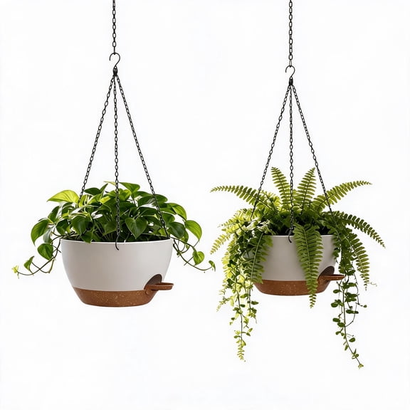 12-Inch Self-Watering Hanging Planters for Indoor & Outdoor Plants – 2 Pack, Black with Brown Base
