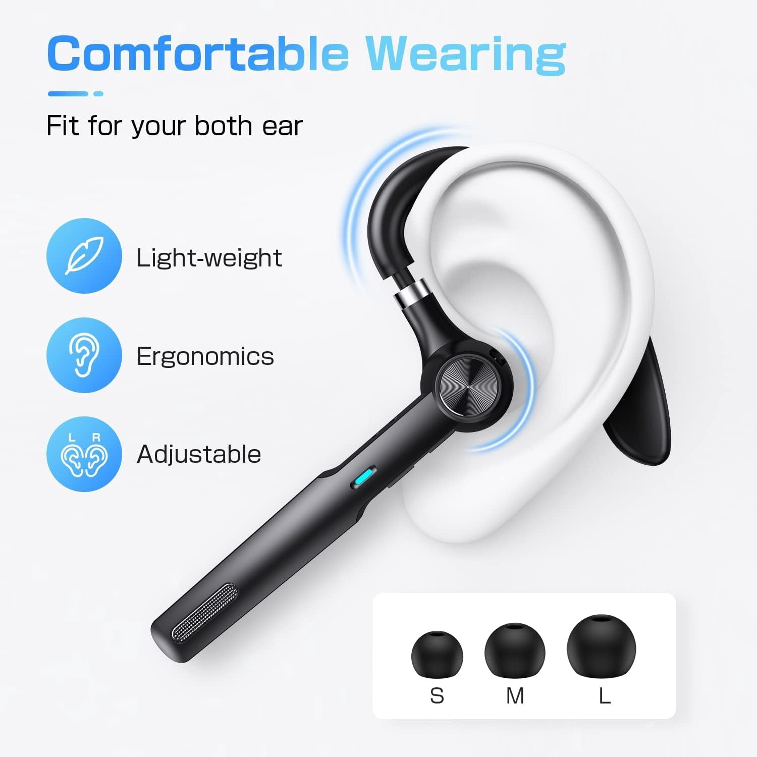 Wireless Bluetooth Earpiece 55H Talk Time, Hands Free Headset with ENC Noise Canceling Mic, Smart Digital Display Charging Case, Single Ear Headset for Driving Work Cell Phone