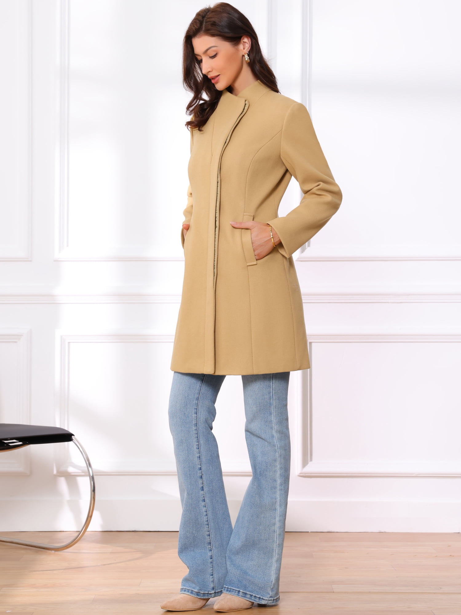 DARING DIVA Women's Stylish Peacoat Wrap Collar 2024 Winter Trench Long Coat L Khaki