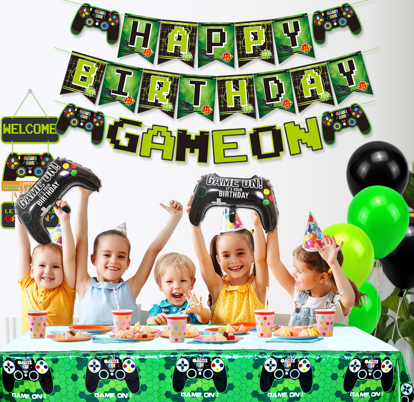 Video Game Party Supplies Kit - Birthday Banner, Foil Curtains, Balloons, Tablecloth & Cake Toppers For Boys Gaming Party