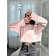 thumbnail image 6 of Women'S 2025 Fall Crew Neck Cropped Sweater Oversized Ribbed Knit Pullover Tops Pink One size, 6 of 8