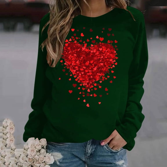 SOOMLON Womens Valentines Day Sweatshirts Girl Friend Valentines Gift Loose Long Sleeve Crew Neck Hoodies Tops Cute Love Heart Print Pullovers Shirts Trendy Festival Outfits 2025 Army Green XL