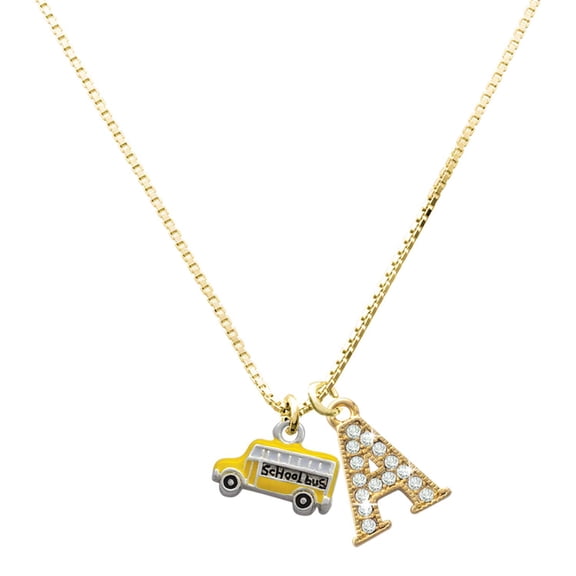 Delight Jewelry Silver-tone Yellow School Bus Side - Large Goldtone Crystal Initial - A - Charm Necklace, 17.5" 2"