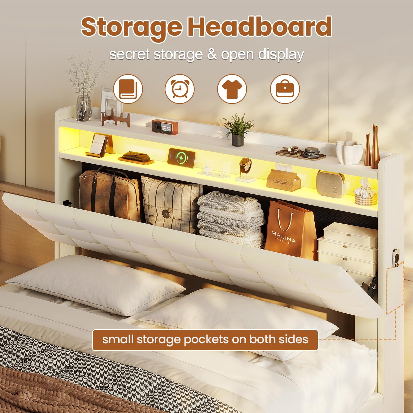 Amuzer Bed Frame Queen Size with Lift Up Storage, Power Outlet,LED Lights Storage Headboard,Velvet Upholstered Queen Bed, No Box Spring Needed,Creamy White