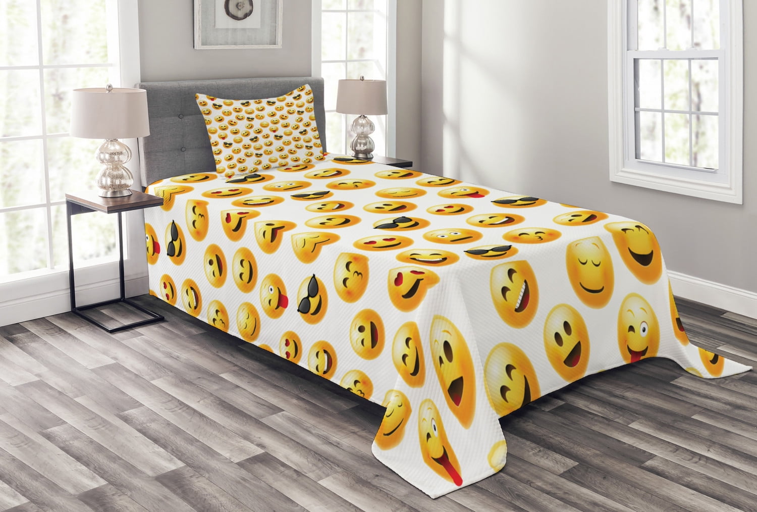 Emoji Bedspread Set, Smiley Face Character Illustration Feeling Happy