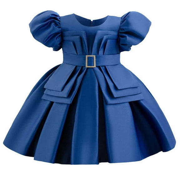 SERTG Little Girls' Party Dress Sheer Paneled Skirt with Back Zipper Short Sleeve Round Neck Princesse Outfit for 6 Months-4 Years(Blue,12 Months)