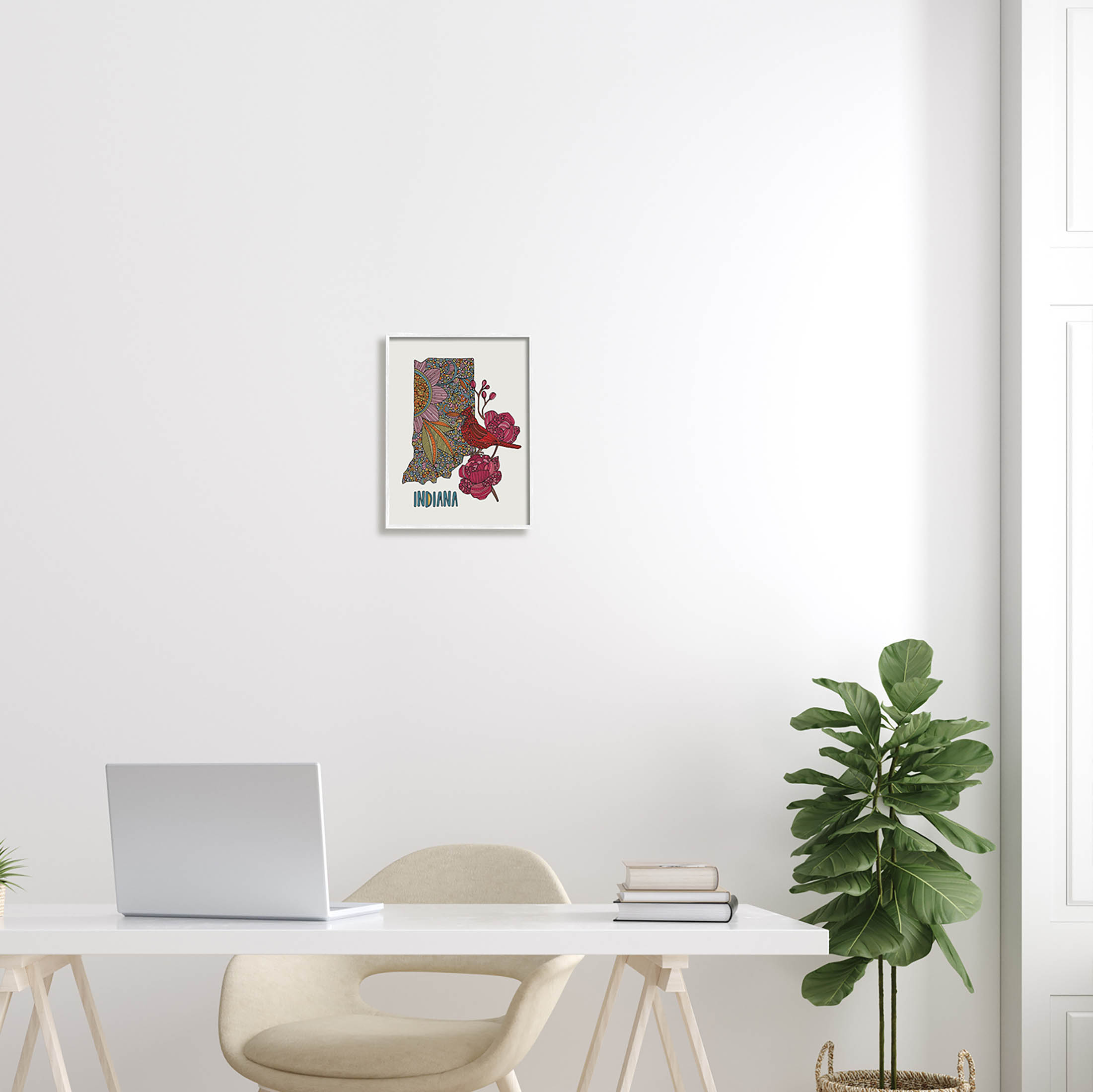 Stupell Industries Indiana State Bird Florals Graphic Art White Framed Art Print Wall Art, Design by Valentina Harper