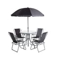 thumbnail image 1 of Ilios Innova | Comedor de Exterior Jardín 6 Piezas Mesa Vidrio Templado 4 Sillas Plegables Textileno y Sombrilla Resistente Set Muebles Color Negro, 1 of 9