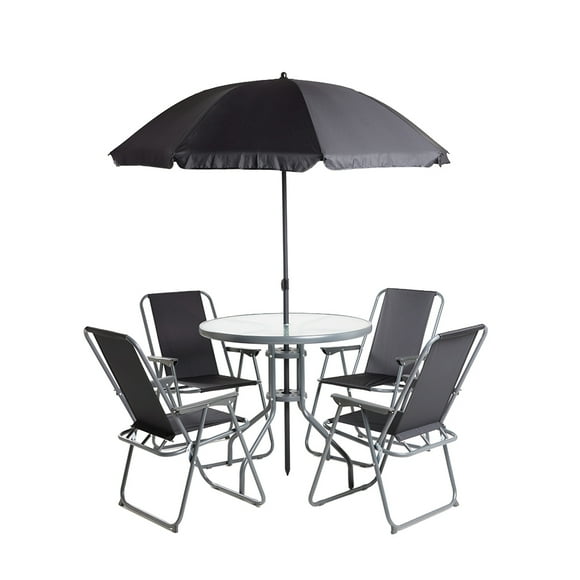 Ilios Innova | Comedor de Exterior Jardín 6 Piezas Mesa Vidrio Templado 4 Sillas Plegables Textileno y Sombrilla Resistente Set Muebles Color Negro