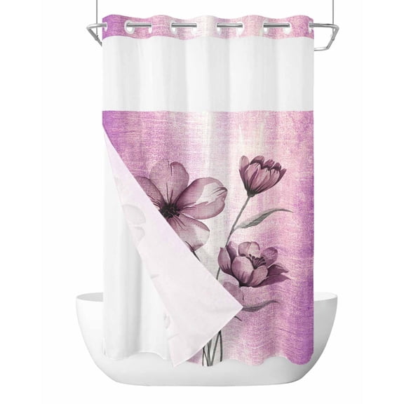 No Hook Cloth Fabric Shower Curtain with Snap in Liner, Pink Floral Waterproof Shower Curtains Set with See Through Top Window, Vintage Botanical Gradient Pastel Painting Bath Curtains Shower 36"x78"
