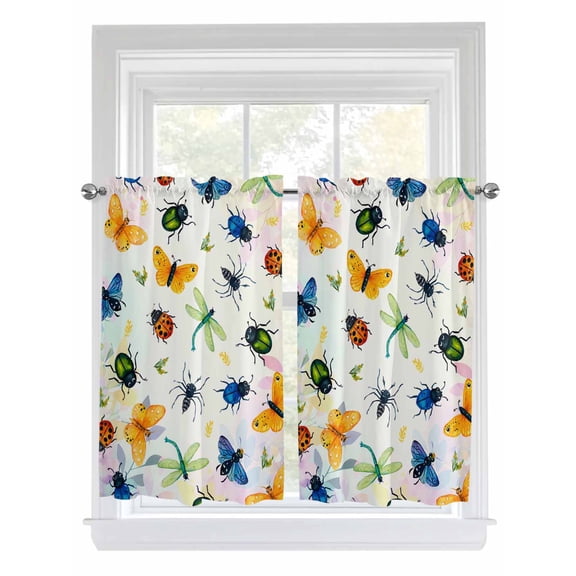 Spring Butterfly Dragonfly Bathroom Window Curtain, Botanical Floral Colorful Light Filtering Coffee Kitchen Curtains, Bedroom Living Room Curtains 2 Panel 84"x45"