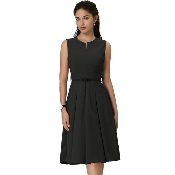 Vestido Sin Mangas Para Mujer Vestidos De Trabajo Acampanados Y Con Cinturón Y Cremallera Negro S