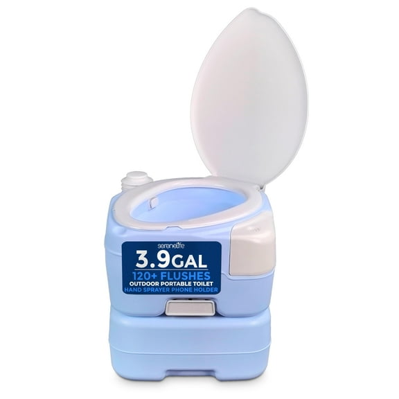 SereneLife 4 Gallon Portable Toilet with Extra Large Seat – Outdoor Camping Toilet with Flush, 3.2 Gallon Fresh Water Tank, Hand Sprayer, Funnel & Phone Holder for RV, Boat, Travel, Indoor/Outdoor Use