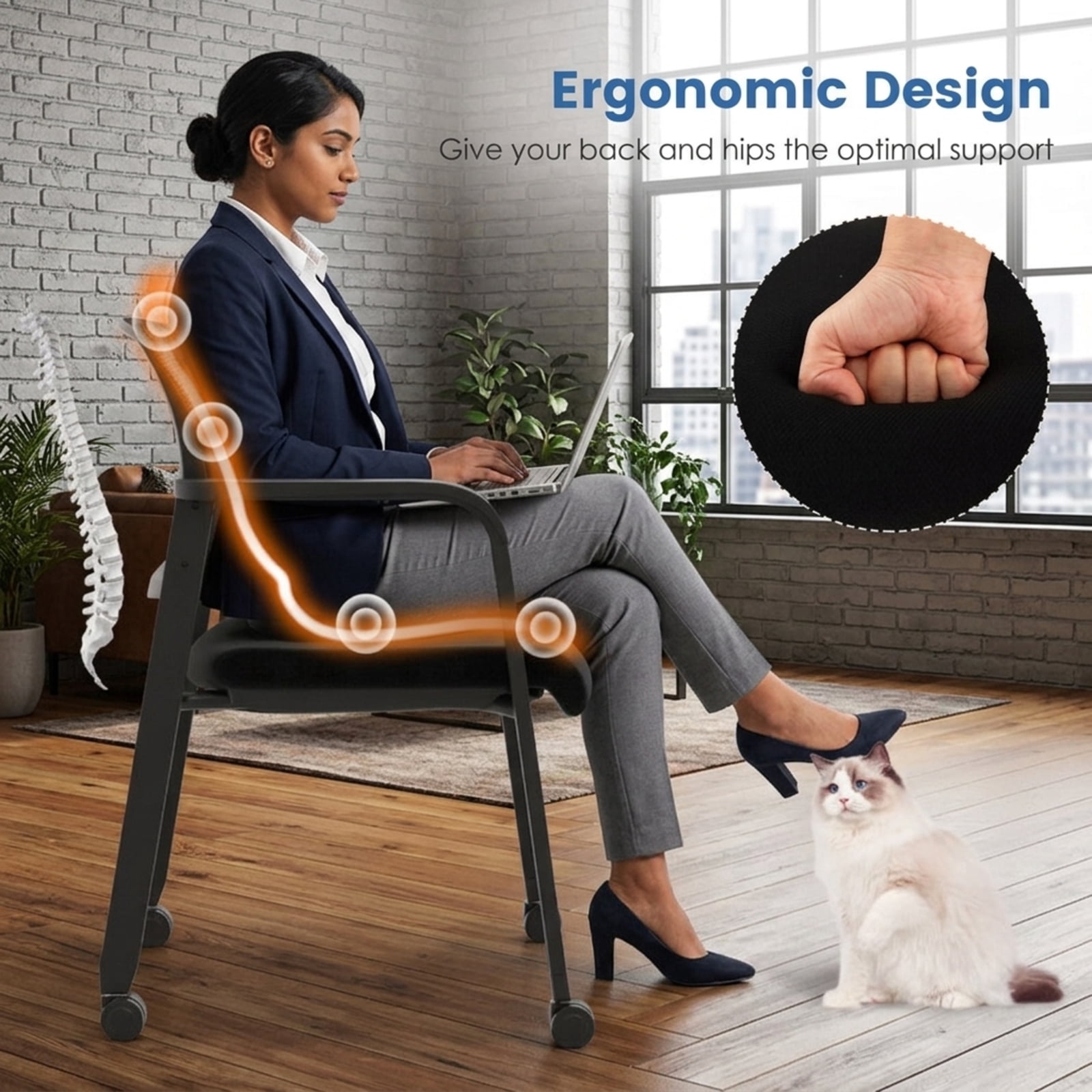 Furnibear Set of 2 Stackable Rolling Office Chairs with Ergonomic Mesh Backrest Padded Seat and Casters for Reception Conference Room, Black