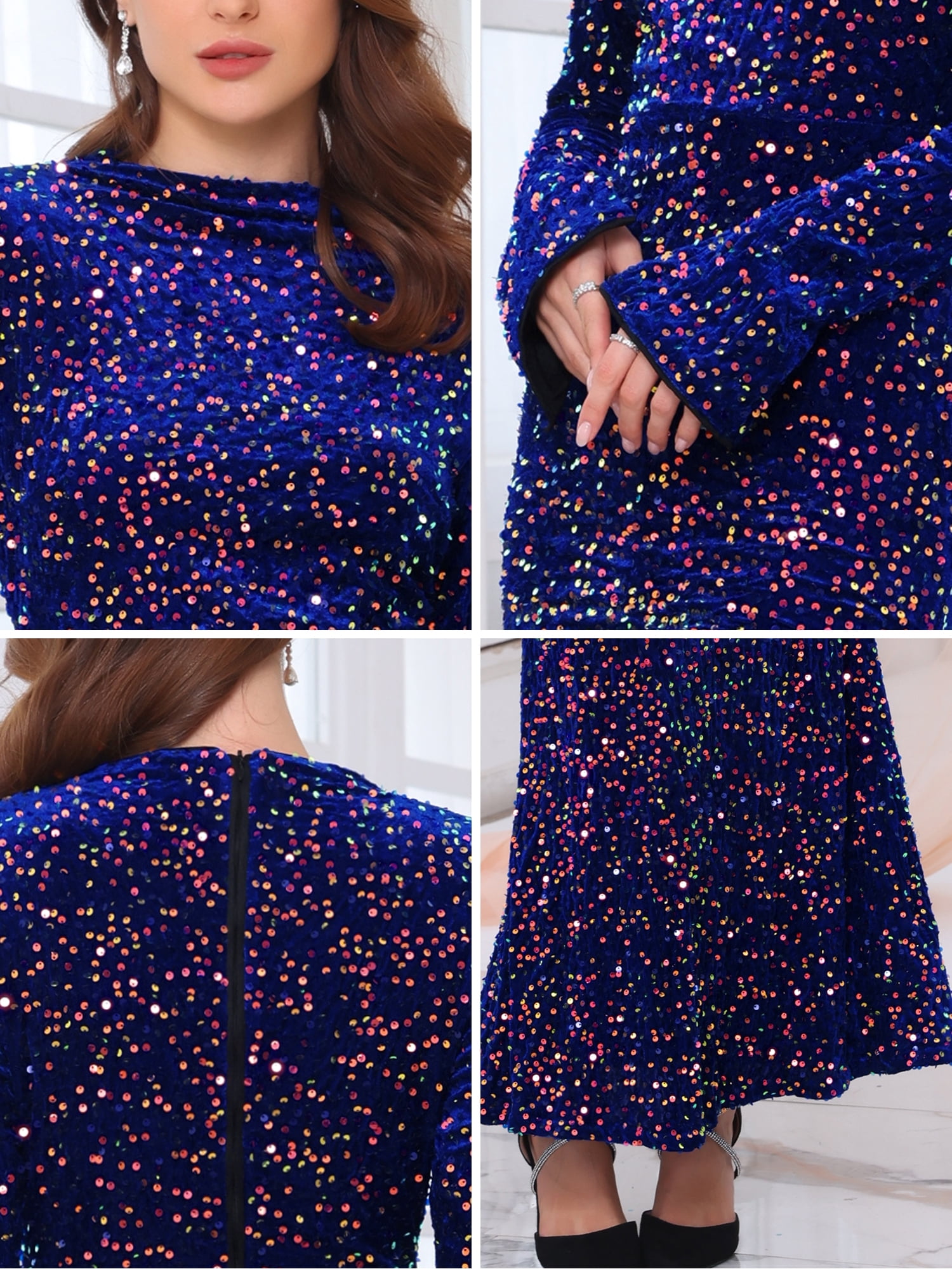 DARING DIVA Women's Sequined Velvet Crewneck Long Sleeve Bodycon Dress S Royal Blue