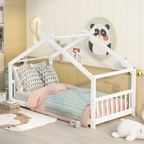 Twin Size House Bed, Floor Bed Frame, Wood Playhouse Twin Montessori Bed with Headboard and Footboard（White)