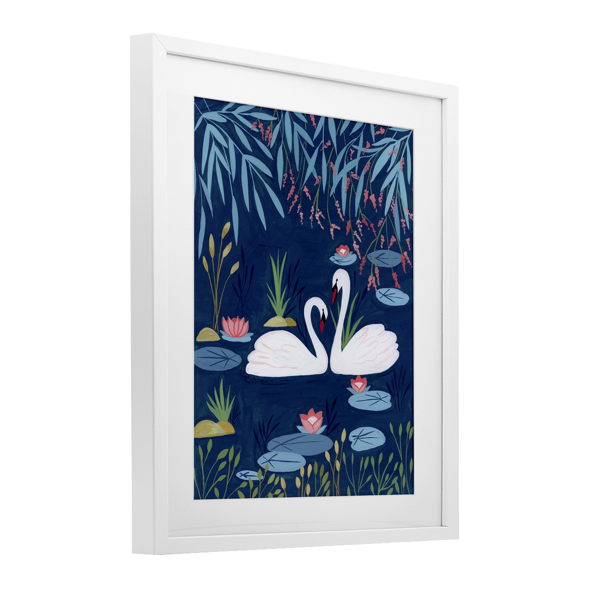 Swan Pair on Blue Pond White Framed Print Under Glass, design by Nabeela Rumi
