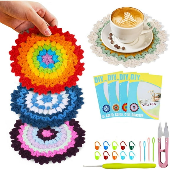 Crochet Kit for Beginners,Woven Coaster Knitting for Adult Knitting Kit DIY Crochet Starter Kit with Crochet Hooks, Yarn, Clear Video Tutorials for Adult Beginners (Handmade Coasters 4Pcs)
