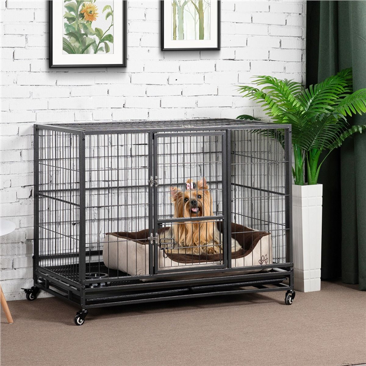 43'' Rolling Dog Crate Metal Large Dog Cage Kennel Feeding Door w/Tray Black