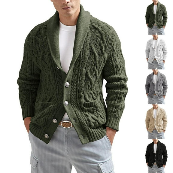 Zimjoy Men's Cardigan Sweaters Long Sleeve Shawl Collar Cable Knit Sweater Button Down Fleece Sweater Loose Fit Casual Fall Winter Coat Mens Cardigan with Pockets, Army Green L
