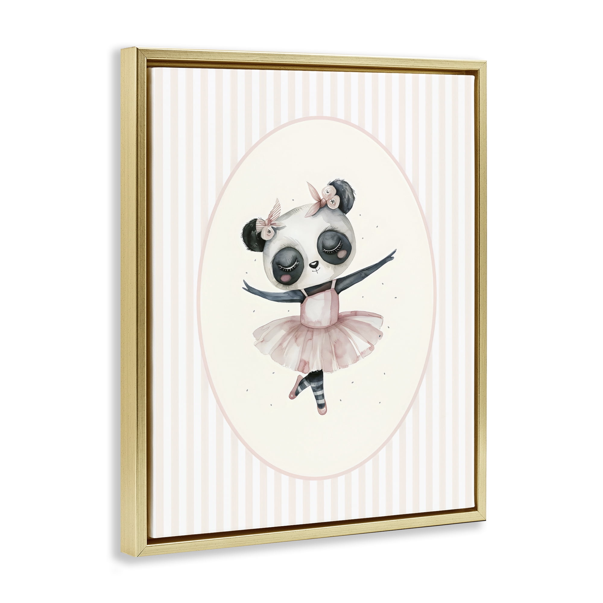 Stupell Industries Nursery Ballerina Panda Striped Gold Framed Floater Canvas Wall Art, design by LSR Design Studio