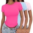 thumbnail image 2 of Pxiakgy Womens Crew Neck Basic Short Sleeve T Shirt Crop T Shirt Girls Summer Pullover Top Thin Round Neck Short Sleeves Slim Fit Tees 2025 Fall Y2K Going Out Crop Tops Cute Tight Shirts F L, 2 of 7