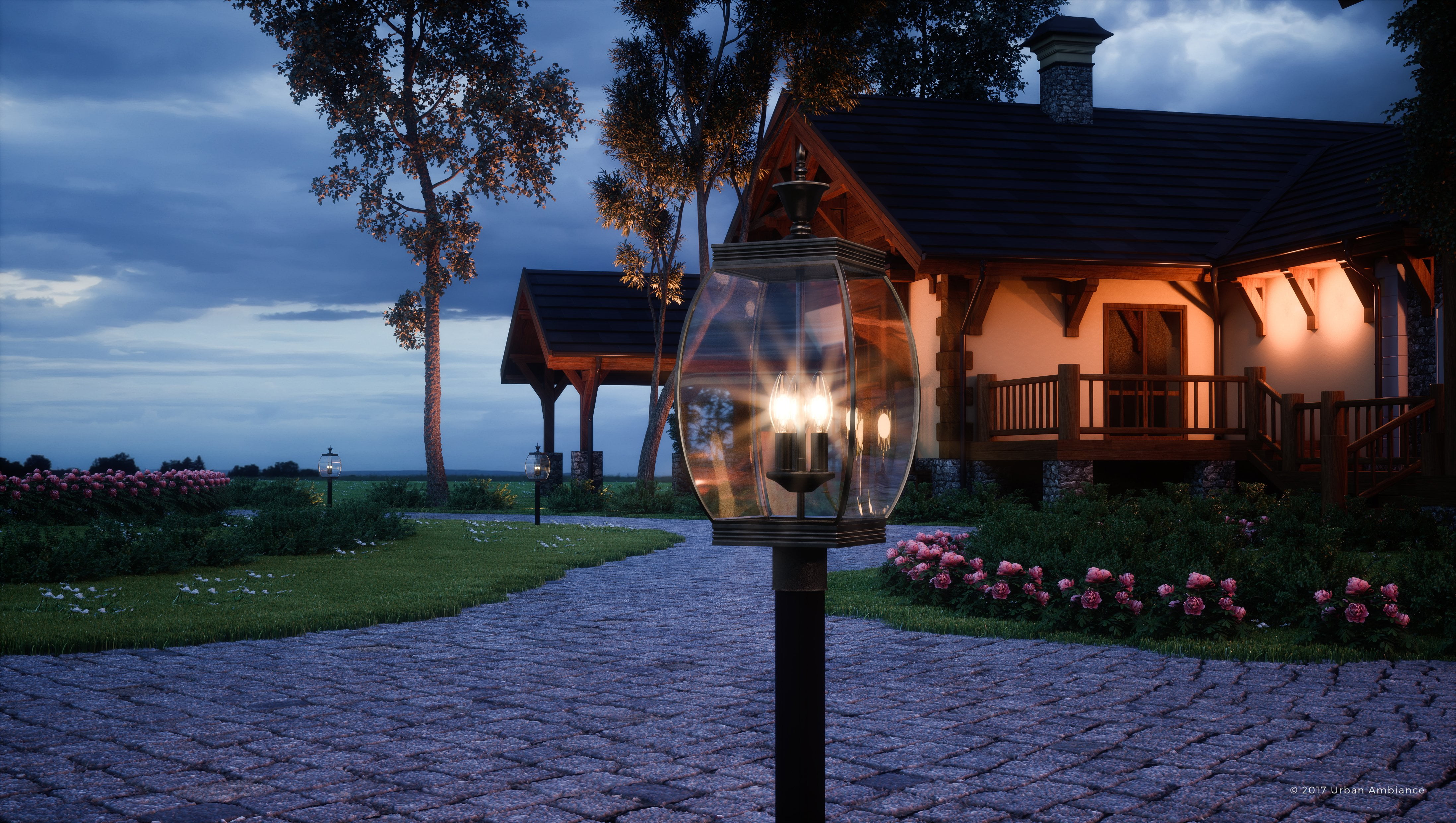 Urban Ambiance Luxury Colonial Outdoor Post Light, Large Size: 22"H x 9"W, with Transitional Style Elements, Bowed Design, Gorgeous Dark Medieval Bronze Finish and Beveled Glass, UQL1174
