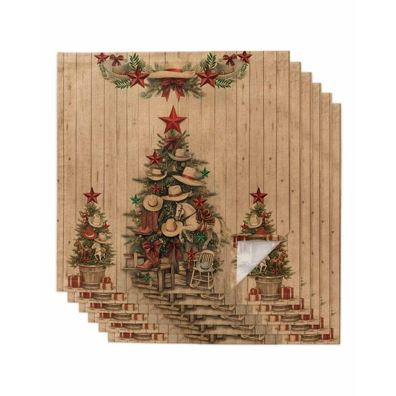 Western Christmas Cloth Napkins Set of 6, Cowboy Xmas Tree Vintage Wooden Brown Washable Reusable Dinner Cocktail Napkin for Kitchen Party Wedding Banquet Holiday Baby Shower Table Decor