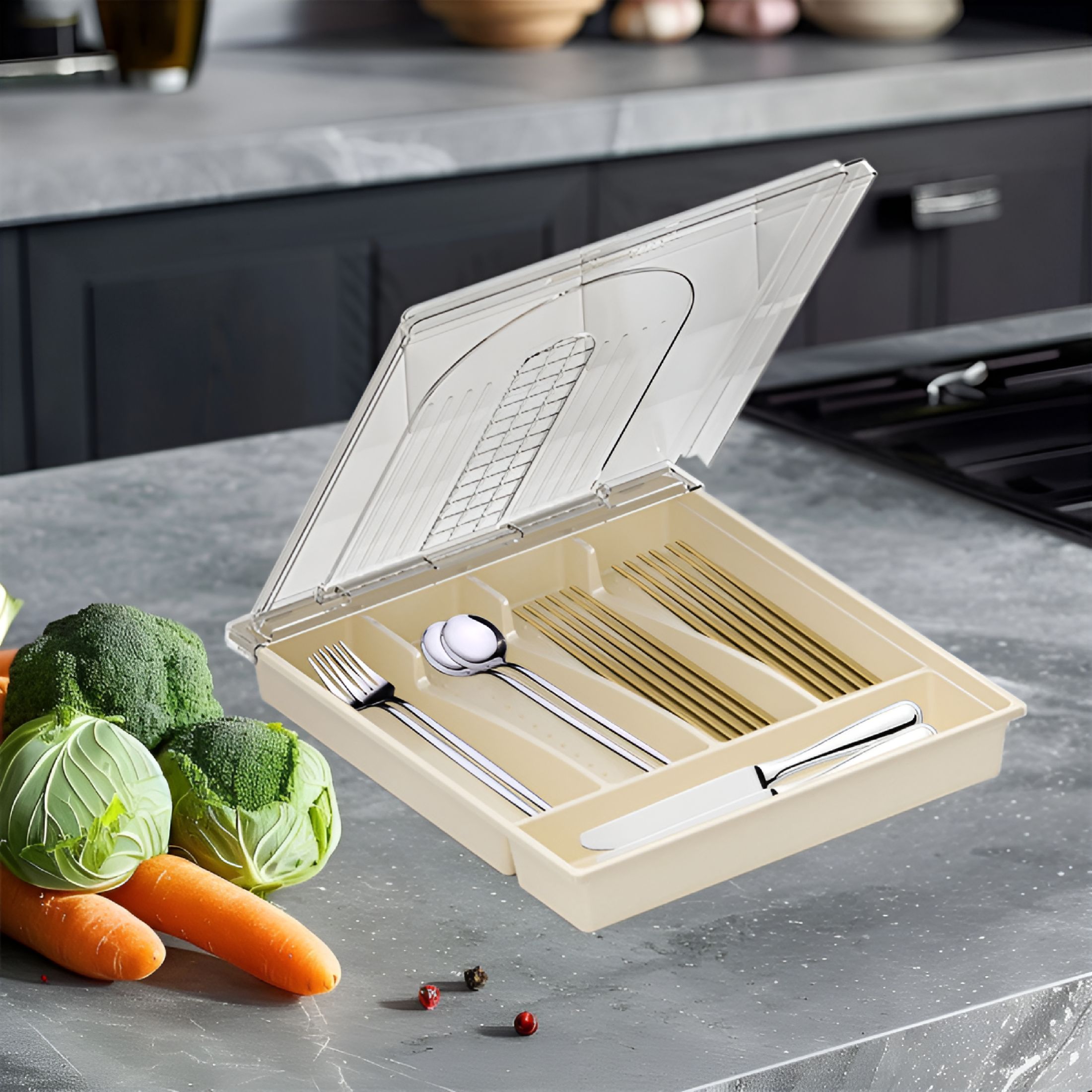 ACDANC 2026 New Silverware Tray with Lid,Utensil Drawer Organizer for Kitchen Countertop Plastic Flatware Organizers and Storage Holder 5 Compartments Kitchen Drawer Organizers for Utensils