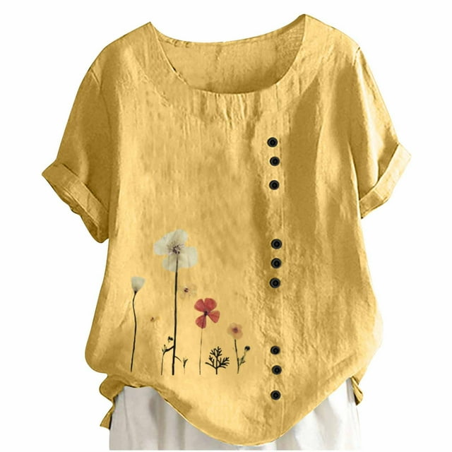 Birdeem Blouses pour Femmes T-Shirt d'Été à Col Rond Manches Courtes Mode Décontractée Imprimé Bouton