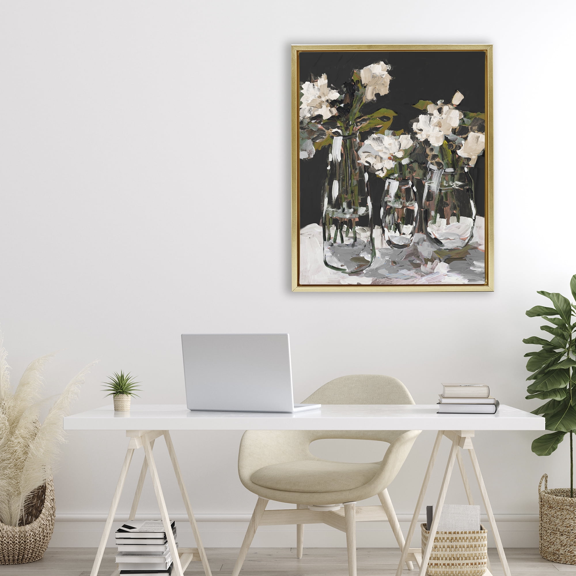 Stupell Industries Three Flower Vases on Black Gold Framed Floater Canvas Wall Art, design by Jane Slivka