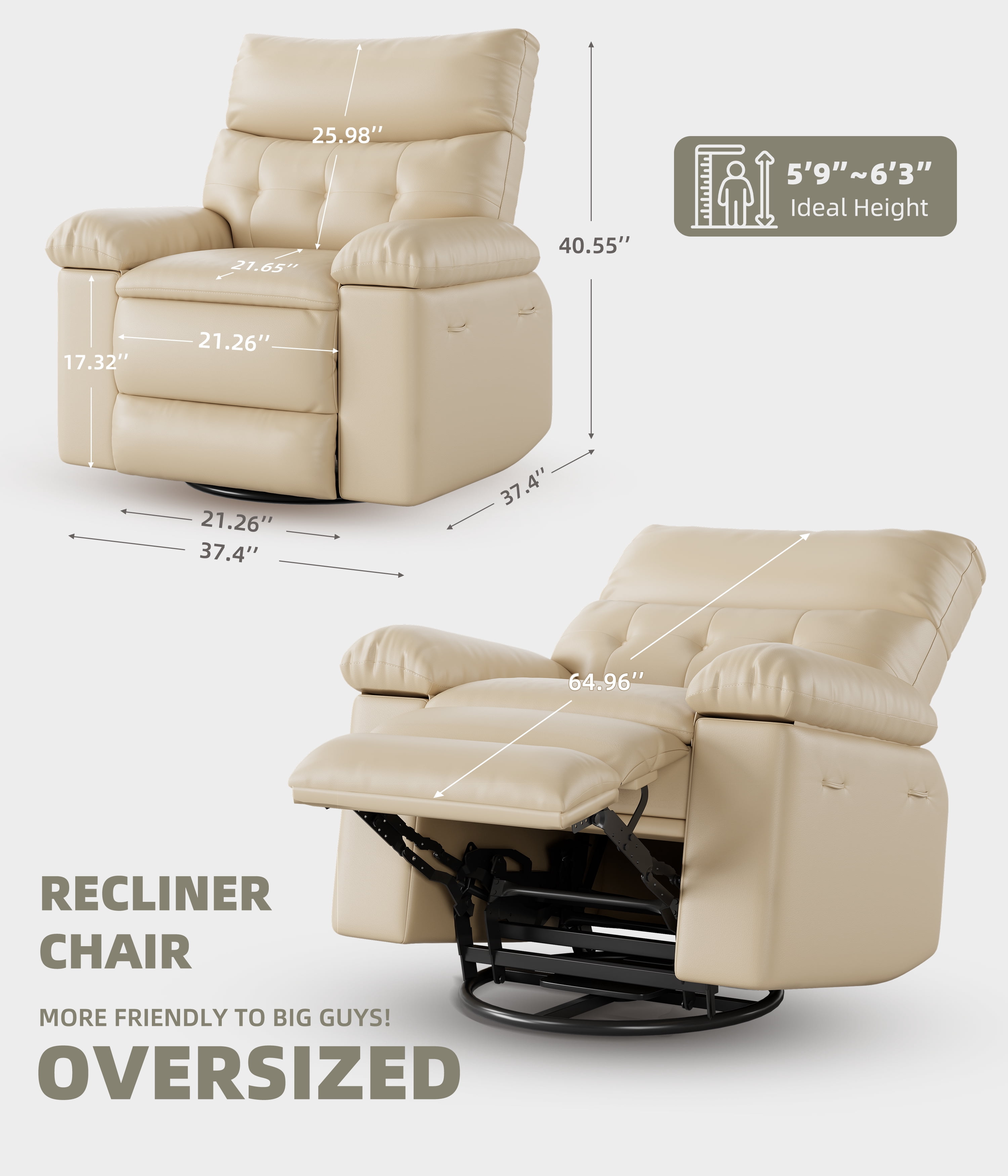 Manual Recliner Swivel Chair with Side Pocket, PU Leather Living Room Recliner, Space-Saving Single Sofa for Bedroom, Nursery & RV