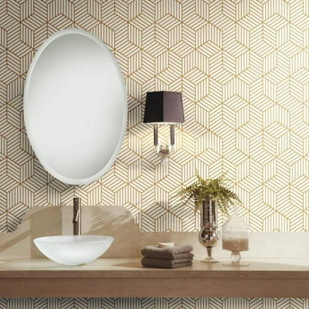RoomMates Stripped Hexagon White/Gold Peel & Stick (Best Way To Strip Wallpaper)