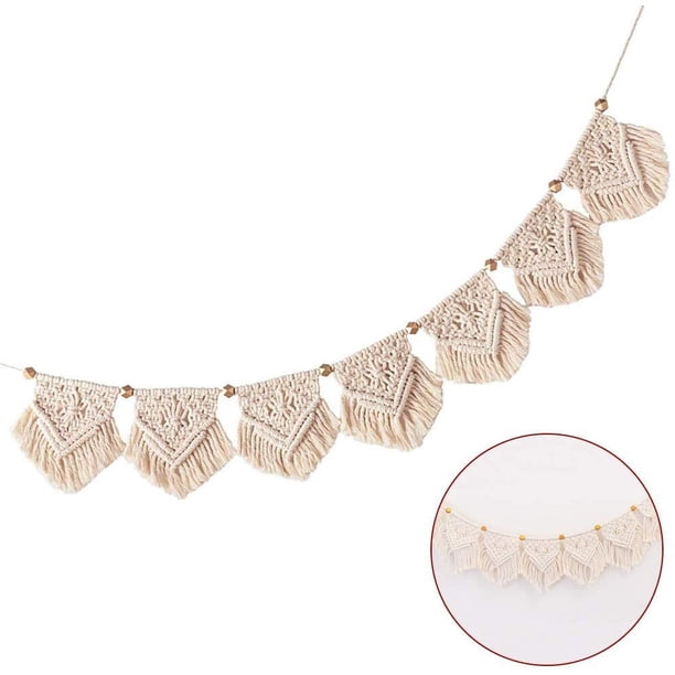 Colgadores de pared para decorar tu habitación decoración de pared boho tapiz de algodón textil a mano borla guirnalda pancarta y cortina de puerta beige, 7 banderas con borla corta