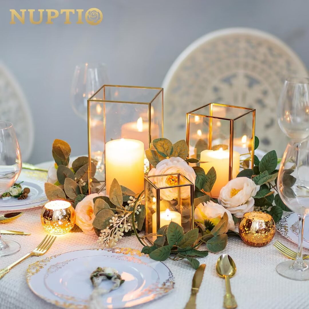 Nuptio Glass Hurricane Candle Holder Lantern for Pillar Candles， Gold Lantern Centerpiece for Tables Decorative Indoor ,Set of 3