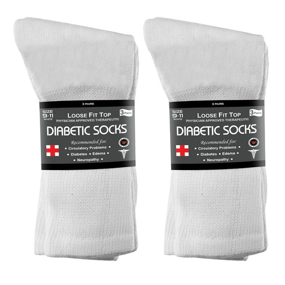 Diabetic Socks Men's & Women Crew Style Physicians Approved Socks, 6 Pairs, Size 9-11 (White)