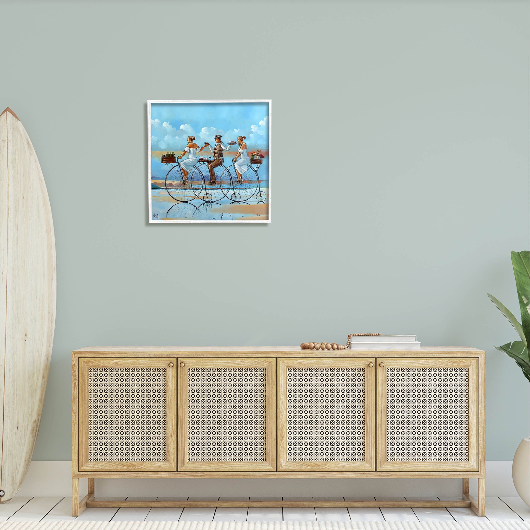Summer Shore Bicycle Ride Coastal Painting White Framed Art Print Wall Art