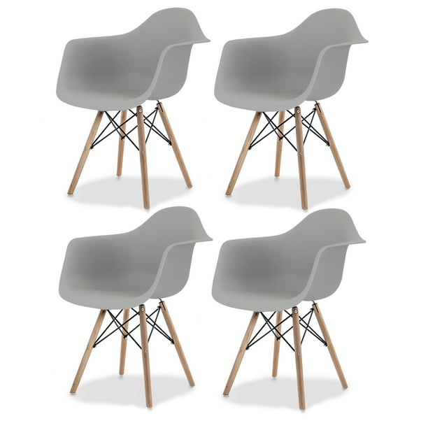 Sillas de Comedor Ergonomicas con Estructura de Madera Diseño Moderno Tipo Eames para Sala Oficina e Interiores Minimalistas con Soporte de Acero Set 4 Piezas Gris