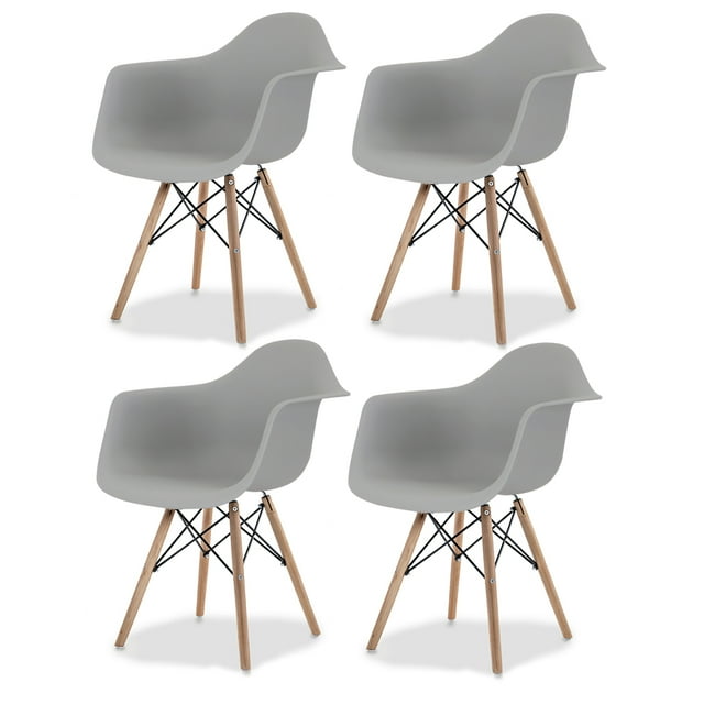 Sillas de Comedor Ergonomicas con Estructura de Madera Diseño Moderno Tipo Eames para Sala Oficina e Interiores Minimalistas con Soporte de Acero Set 4 Piezas Gris