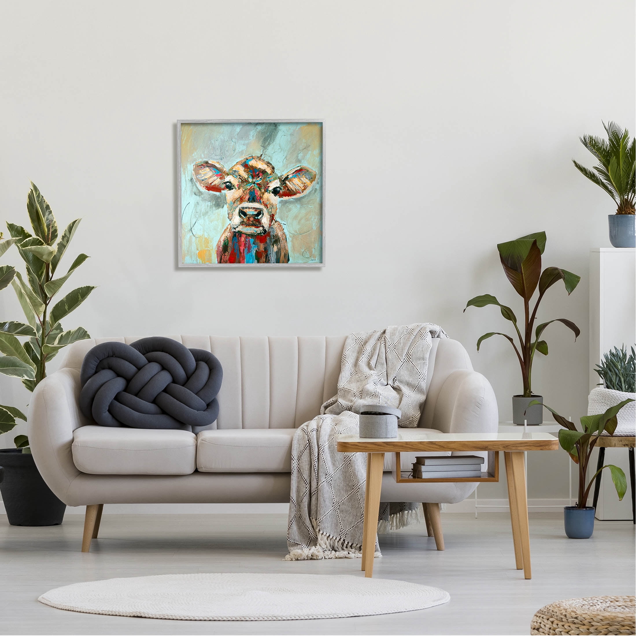 Brushed Painting Cow Animal Animals & Insects Painting Gray Framed Art Print Wall Art