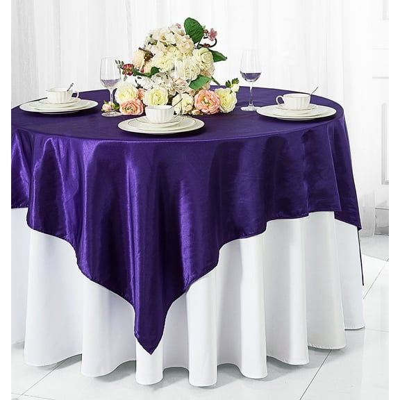 Wedding Linens Inc. 85 inch Square Satin Table Overlay Toppers - Regency Purple