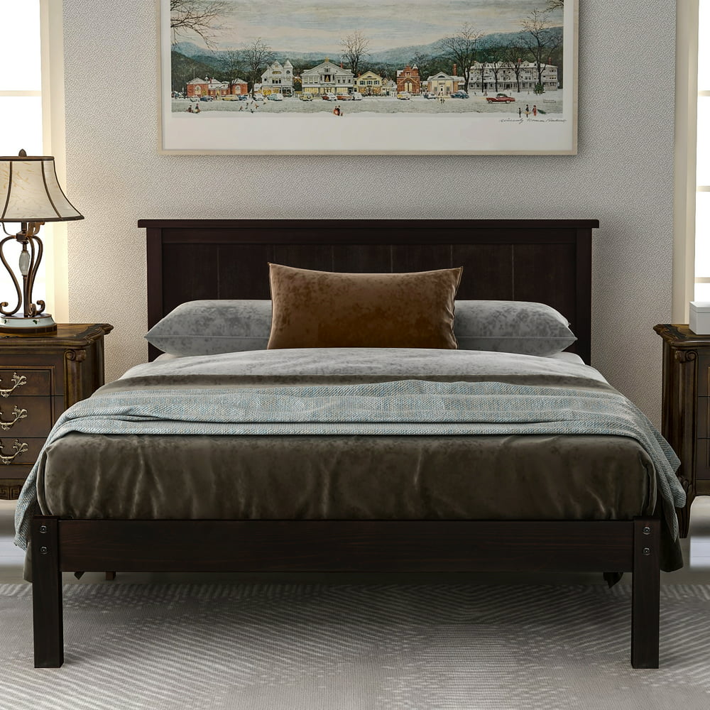 Brown Queen Bed Frame, Modern Wood Platform Bed Frame with Headboard