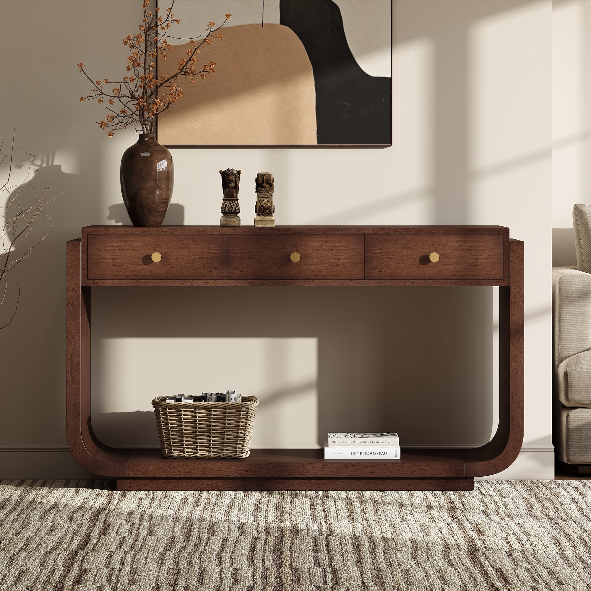 Mintazer Curved Rounded Console Table with Brushed Nickel Handles, Entryway Table with 3 Drawers & Open Bottom Shelf, Anti-Tip Sofa Table for Hallway Living Room Foyer, Walnut