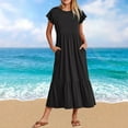 thumbnail image 2 of pimelu Dresses for Women Maxi Dresses for Women 2024 Smocked Loose Flowy Ruffle Swing Pocket Maxi Dress Summer Vintage Solid Short Sleeve Round Neck Girls Long Dress, 2 of 6