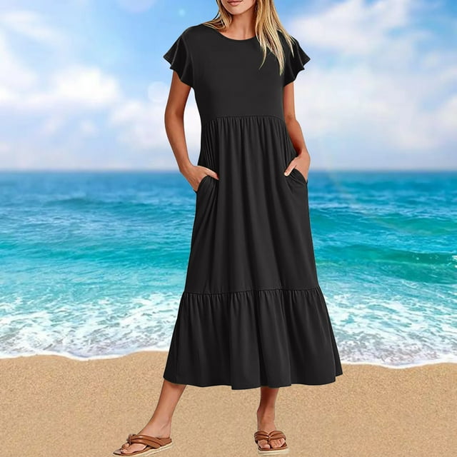 Fankiway Robe d'Été Décontractée à Manches Courtes Col Rond Robe Longue Fluide de Plage avec Poches Robes d'Été pour Femmes Grandes Tailles en Solde