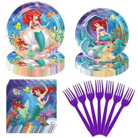 Forfamy Birthday Party Supplies 80Pcs Mermaid Birthday Decorations Supplies Mermaid Plates Napkins, Fork for Purple Theme Party Decorations, Serve 20