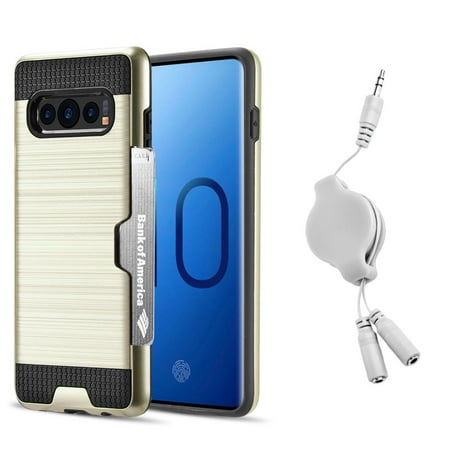 Luxury Dual Layer Hybrid Wallet Case for Galaxy S10 (Gold) w/ Credit Card ID Slot Holder & Retractable 3.5mm Headphone Splitter Cable - Lightweight w/ Button Covers Shock Absorption Raised Lip Guard