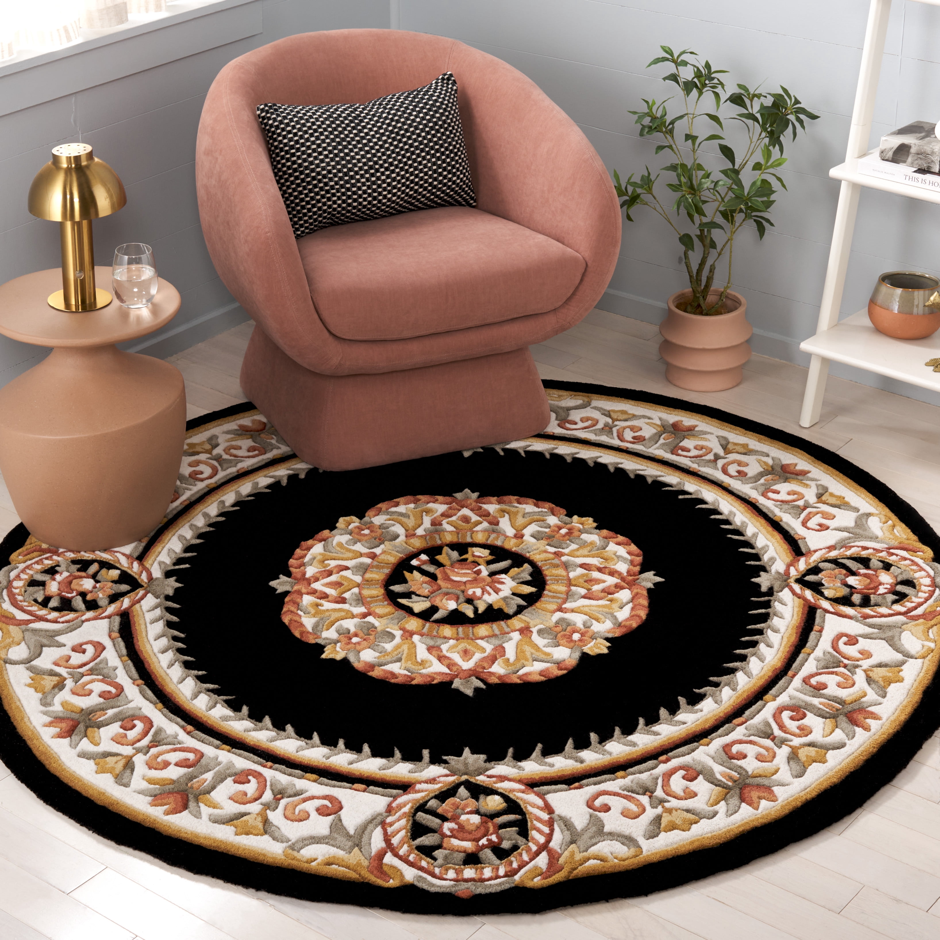 SAFAVIEH Naples Charlotte Bordered Area Rug, Black/Ivory, 6' x 6' Round